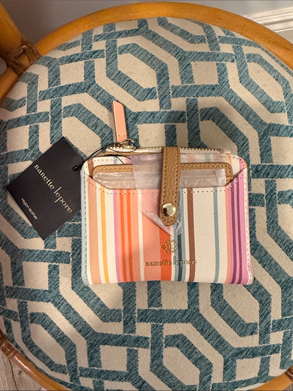 Nanette Lepore Striped Compact Wallet in Pink, Tan, Coral & White